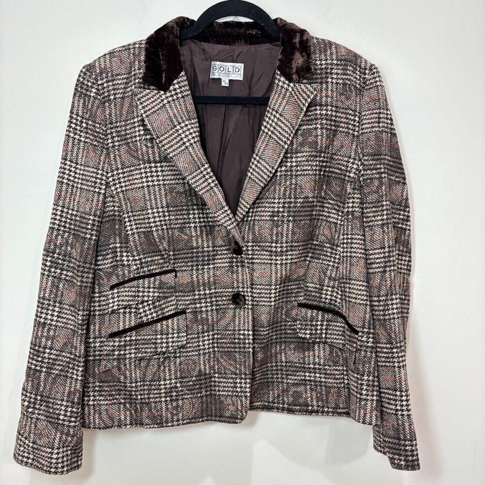 VTG Wool Plaid Blazer Women 44 Brown Velvet Collar Jacket Old Money Equestrian